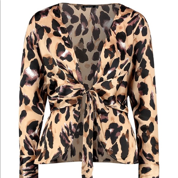 BooHoo Camilla Leopard Satin Drape Tie Top - Picture 2 of 4